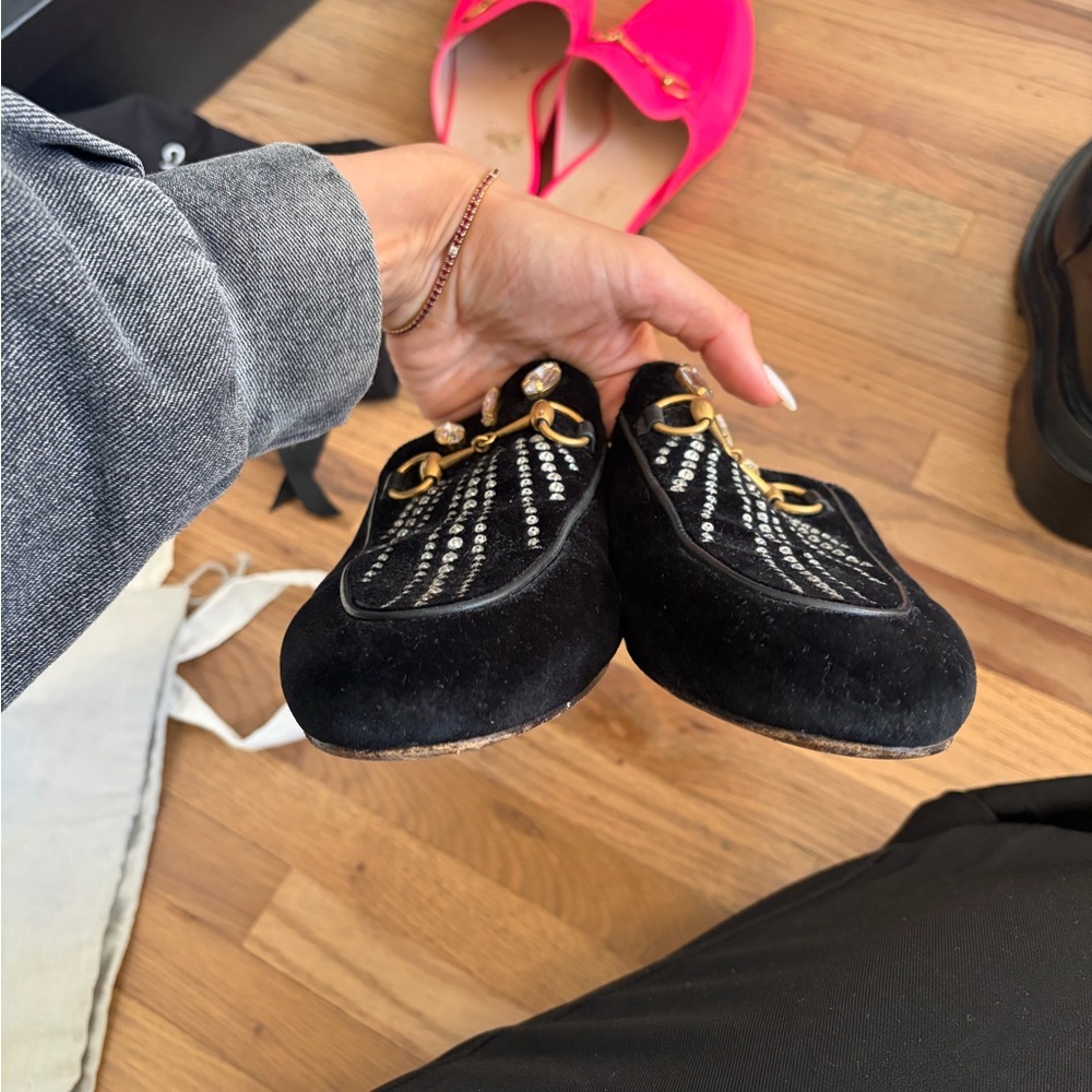 Gucci Black Embellished Mules with Gold Accents - Picture 2 of 4